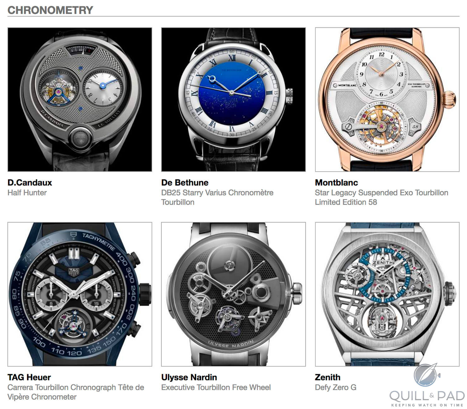Chronometry category pre-selected watches for the 2018 Grand Prix d’Horlogerie de Genève, clockwise from top left: David Candaux Half Hunter, De Bethune DB25 Starry Varius Tourbillon, Montblanc Star Legacy Suspended Exo Tourbillon Limited Edition 58, TAG Heuer Carrera Tourbillon Chronograph Tête de Vipère Chronometer, Ulysse Nardin Executive Tourbillon Free Wheel, and Zenith Defy Zero G