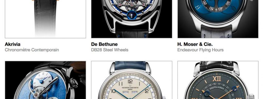 Men's category pre-selected watches for the 2018 Grand Prix d’Horlogerie de Genève, clockwise from top left: Akrivia Chronomètre Contemporain, De Bethune Steel Wheels, H. Moser & Cie. Endeavour Flying Hours, MB&F Legacy Machine Split Escapement, Vacheron Constantin Triple Calendrier 1842, and Kari Voutilainen 217QRS