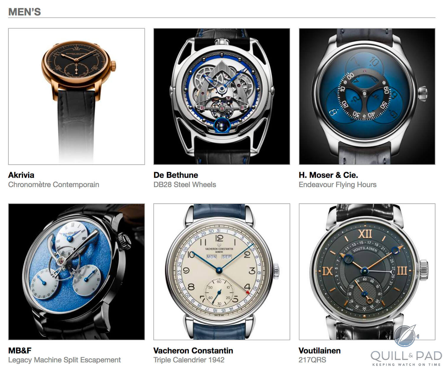 Men's category pre-selected watches for the 2018 Grand Prix d’Horlogerie de Genève, clockwise from top left: Akrivia Chronomètre Contemporain, De Bethune Steel Wheels, H. Moser & Cie. Endeavour Flying Hours, MB&F Legacy Machine Split Escapement, Vacheron Constantin Triple Calendrier 1842, and Kari Voutilainen 217QRS