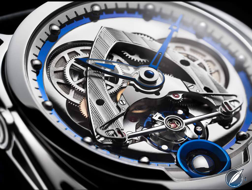 Close look dial side of the De Bethune DB28 Steel Wheels Blue