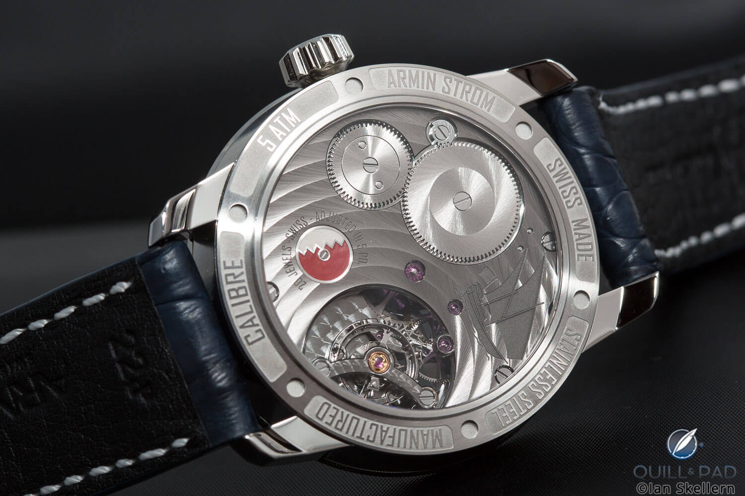 View through the display back of the Armin Strom Manual Bahrain Pearl