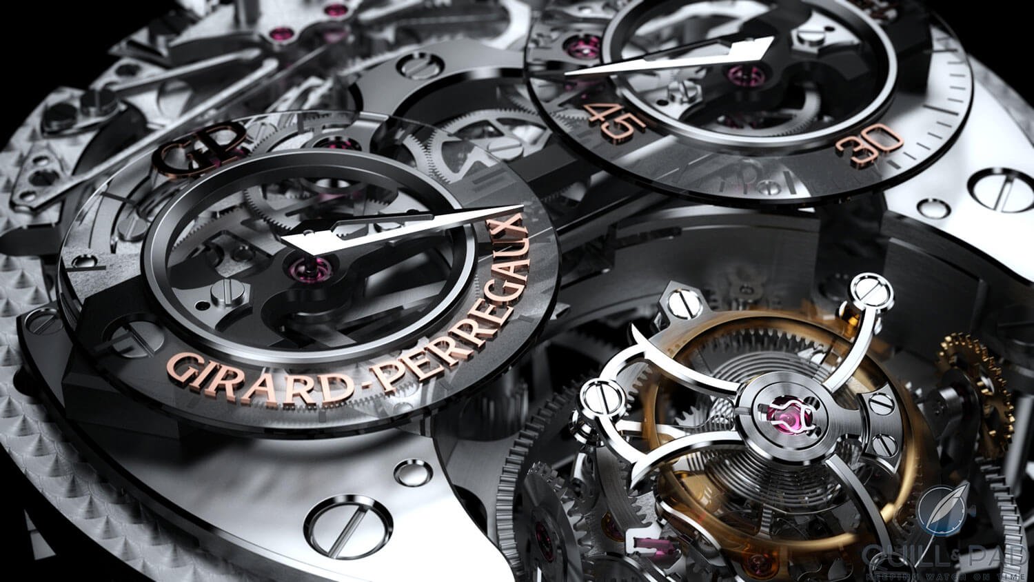 Dial side closeup of the Girard-Perregaux Minute Repeater Tri-Axial Tourbillon