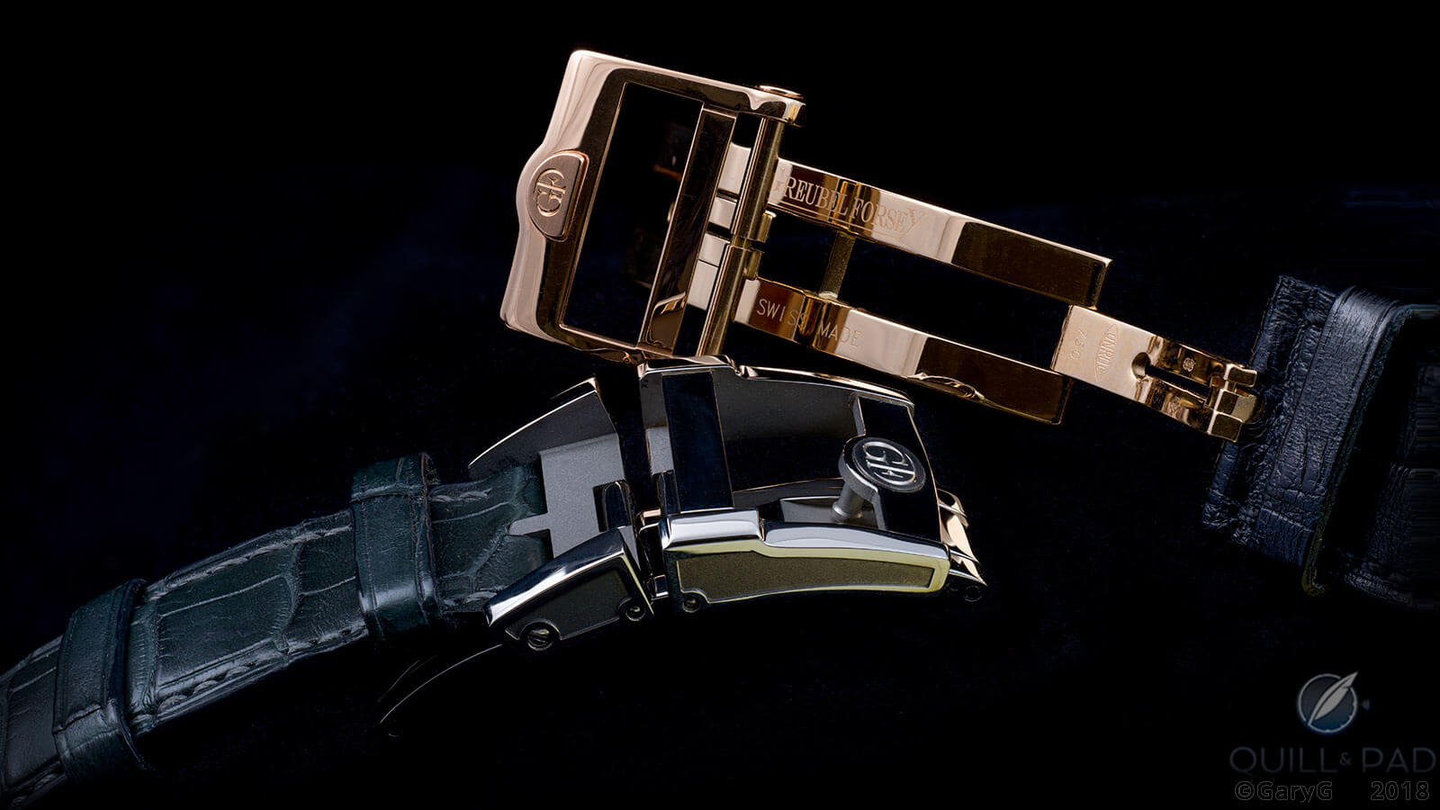 Unique titanium clasp, Invention Piece 2 (foreground) and conventional Invention Piece 1 clasp in red gold