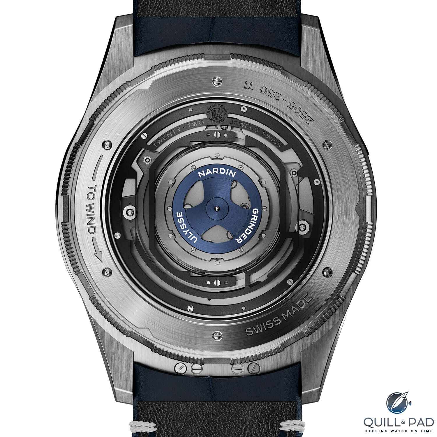 View through the display back onto the patented grinder automatic winding system on the Ulysse Nardin Freak Vision