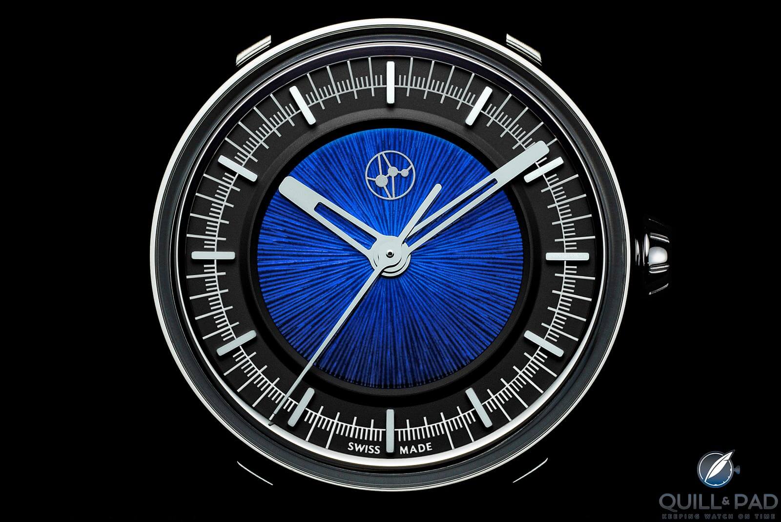 Lundis Bleus Ref. 1110 with blue enamel over radially- lined dial