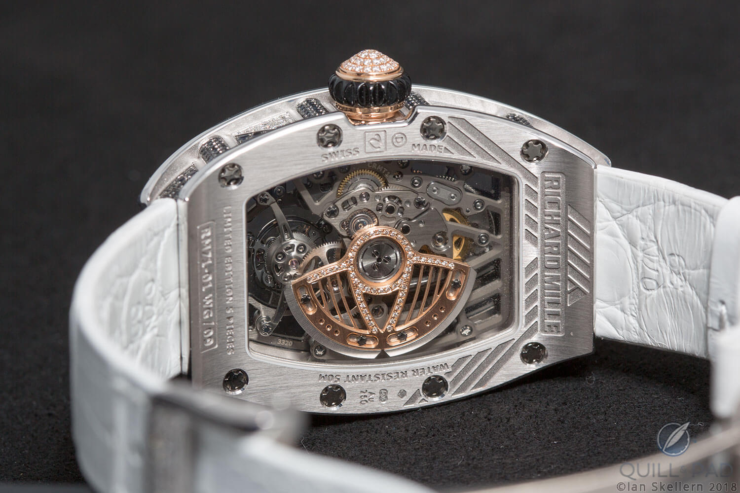 View through the display back of the Richard Mille RM 71-01 Tourbillon Talisman to the movement and variable geometry rotor