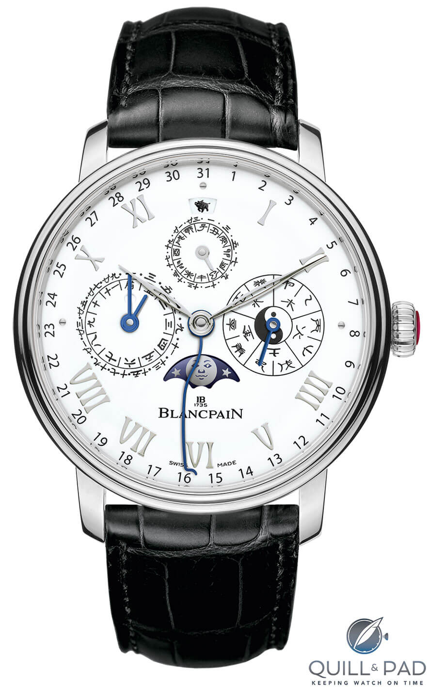 Engraved pig on the automatic winding rotor visible through the display back of the Blancpain Villeret Traditional Chinese Calendar