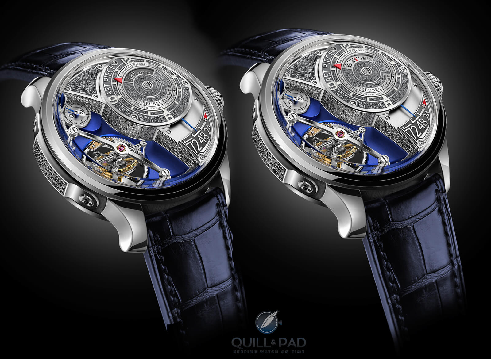 Spot the difference: follow the red hands, on the left the minute display of the Greubel Forsey Art Piece Edition Historique is closed with only the hour indicator visible at 10 o'clock; on the right the minute display is open and pointing to 10. The time is 10 minutes past 10 o'clock