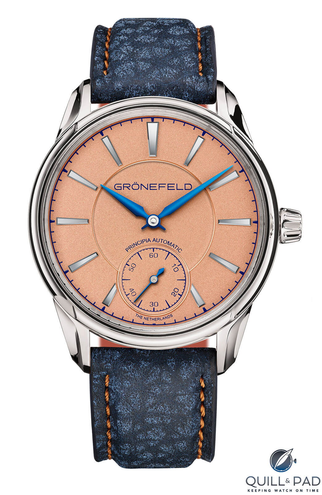Grönefeld Principia in white gold with salmon-blue buffalo strap
