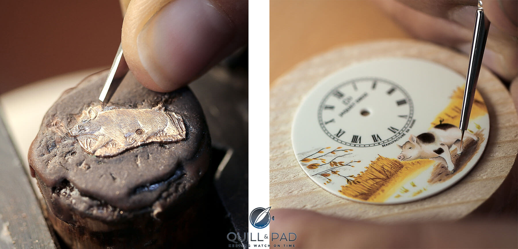 Making of the dials of the Jaquet Droz Petite Heure Minute Relief Pig (left) and Petite Heure Minute Pig