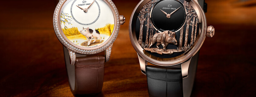 Jaquet Droz Petite Heure Minute Pig (left) and Petite Heure Minute Relief Pig