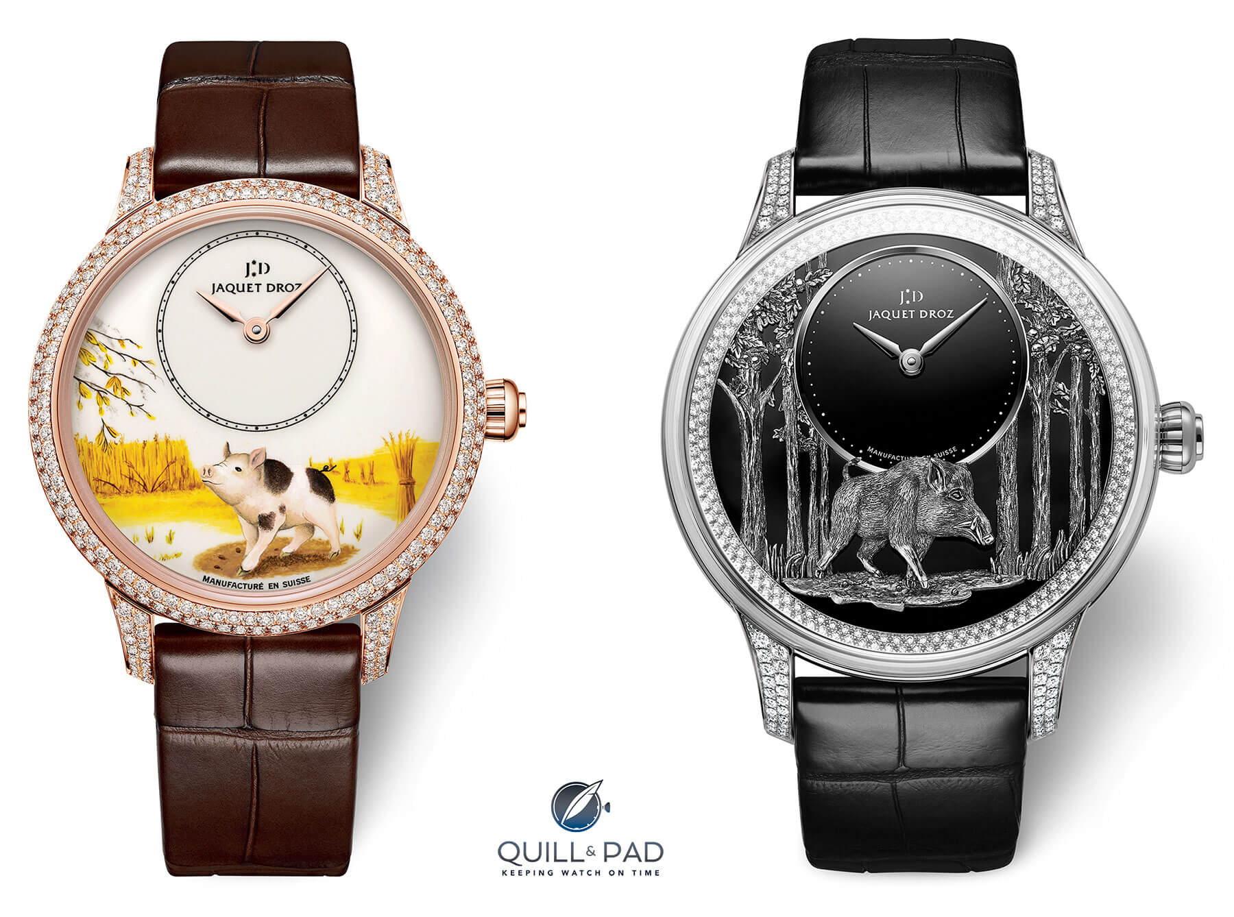 Diamond-set Jaquet Droz Petite Heure Minute Pig (left) and diamond-set Petite Heure Minute Relief Pig