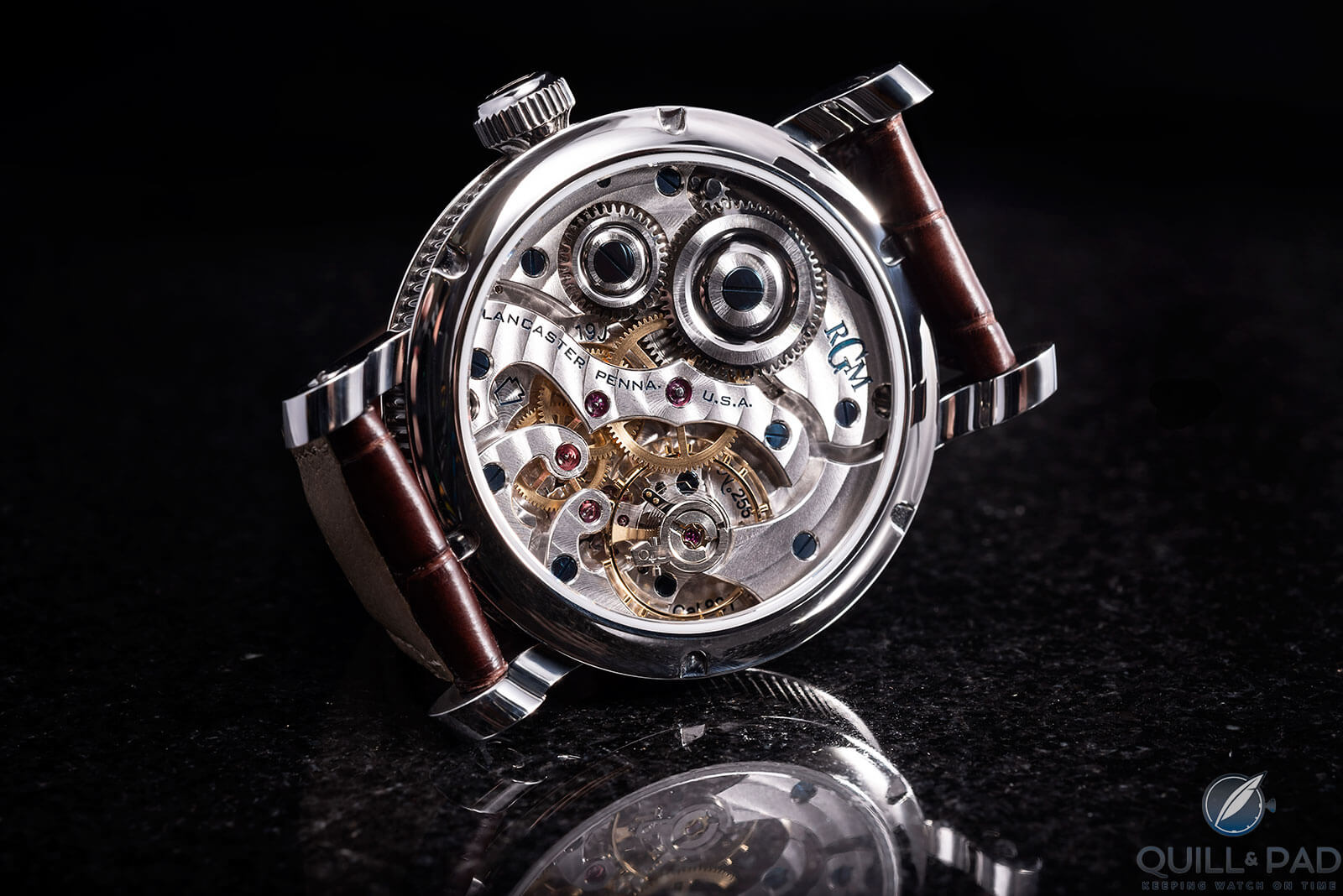 View through the display back to the RGM Caliber 801 movement in the Classic Enamel
