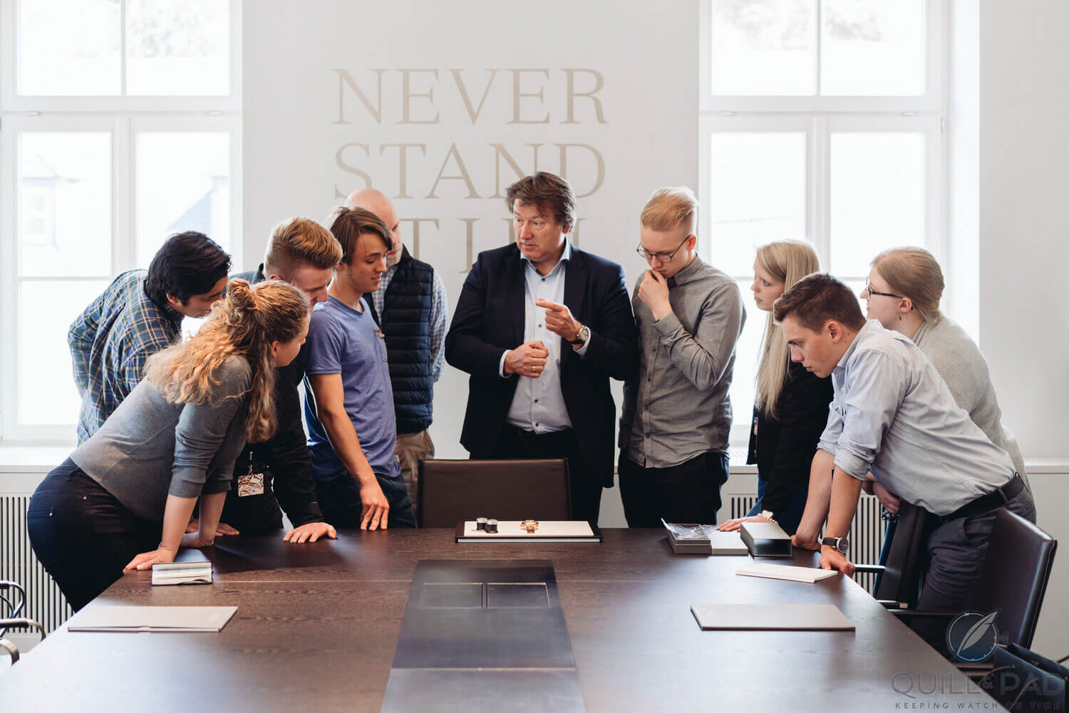 Contestants in the 2018 Walter Lange Watchmaking Excellence Award being briefed by Anthony de Haas (photo courtesy Erik Gross/ALS)
