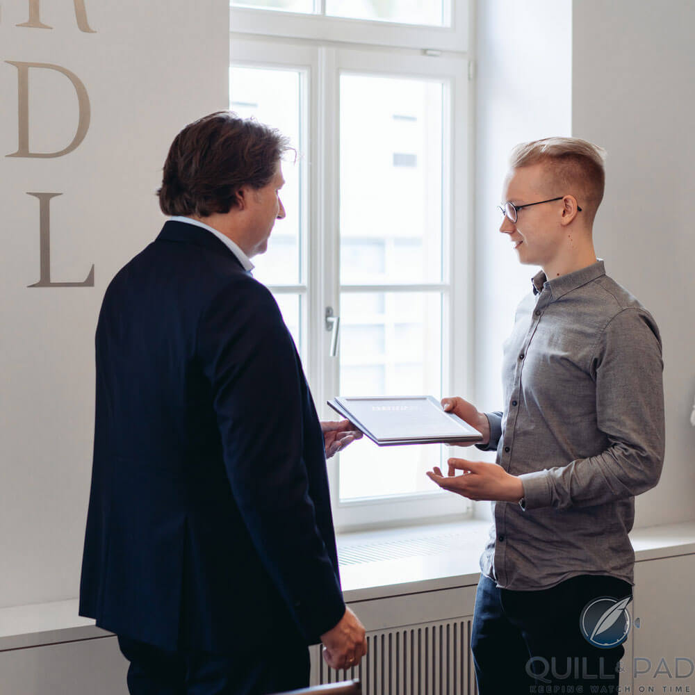 Winner of the 2018 Walter Lange Watchmaking Excellence Award Otto-Peltola receiving his prize from Anthony de Haas