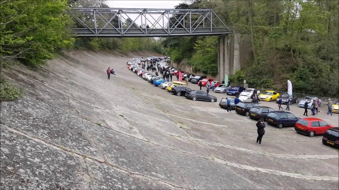 Banked corners at the historic Brooklands race track in the UK