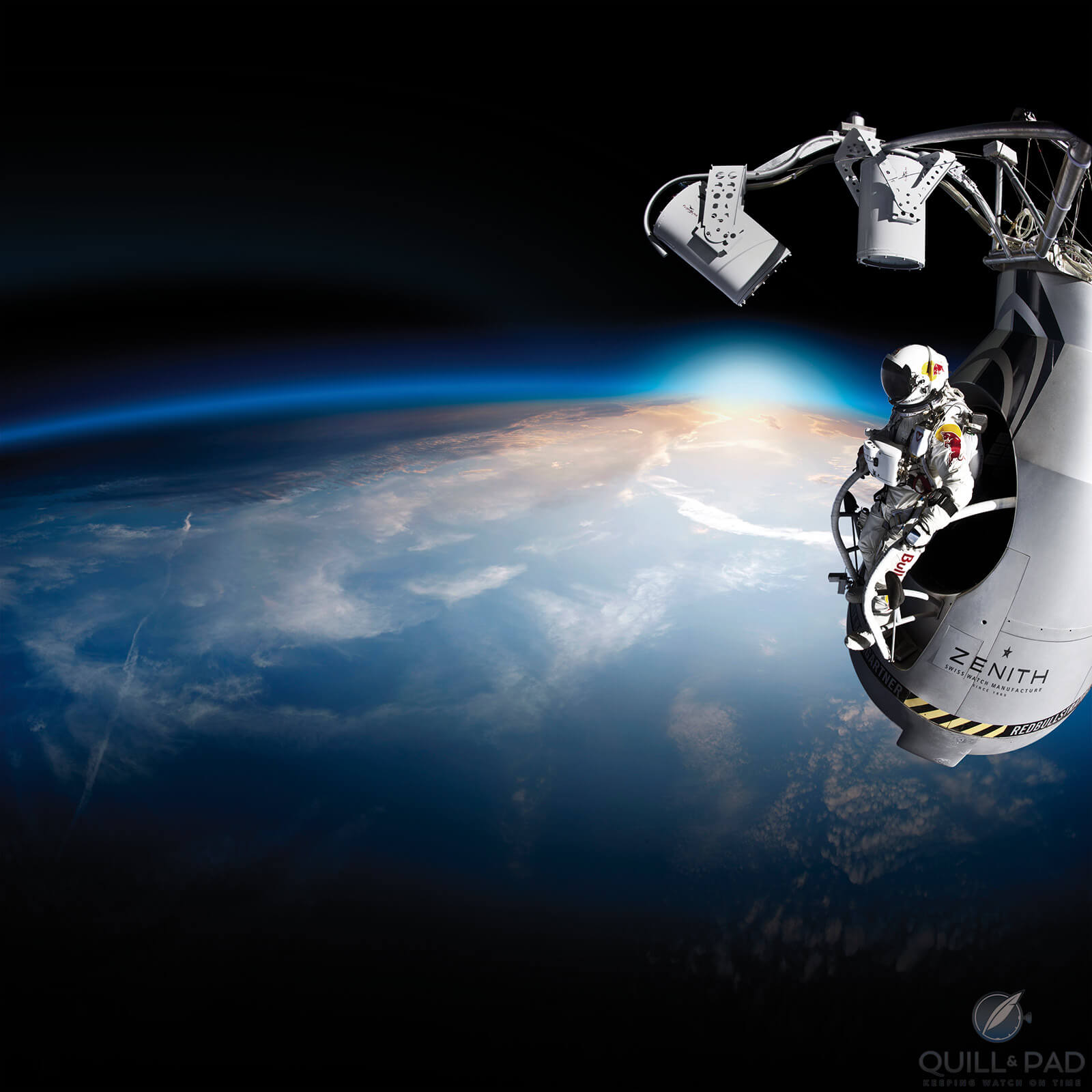 Felix Baumgartner about to jump from the Stratos Mission balloon with a Zenith on his wrist