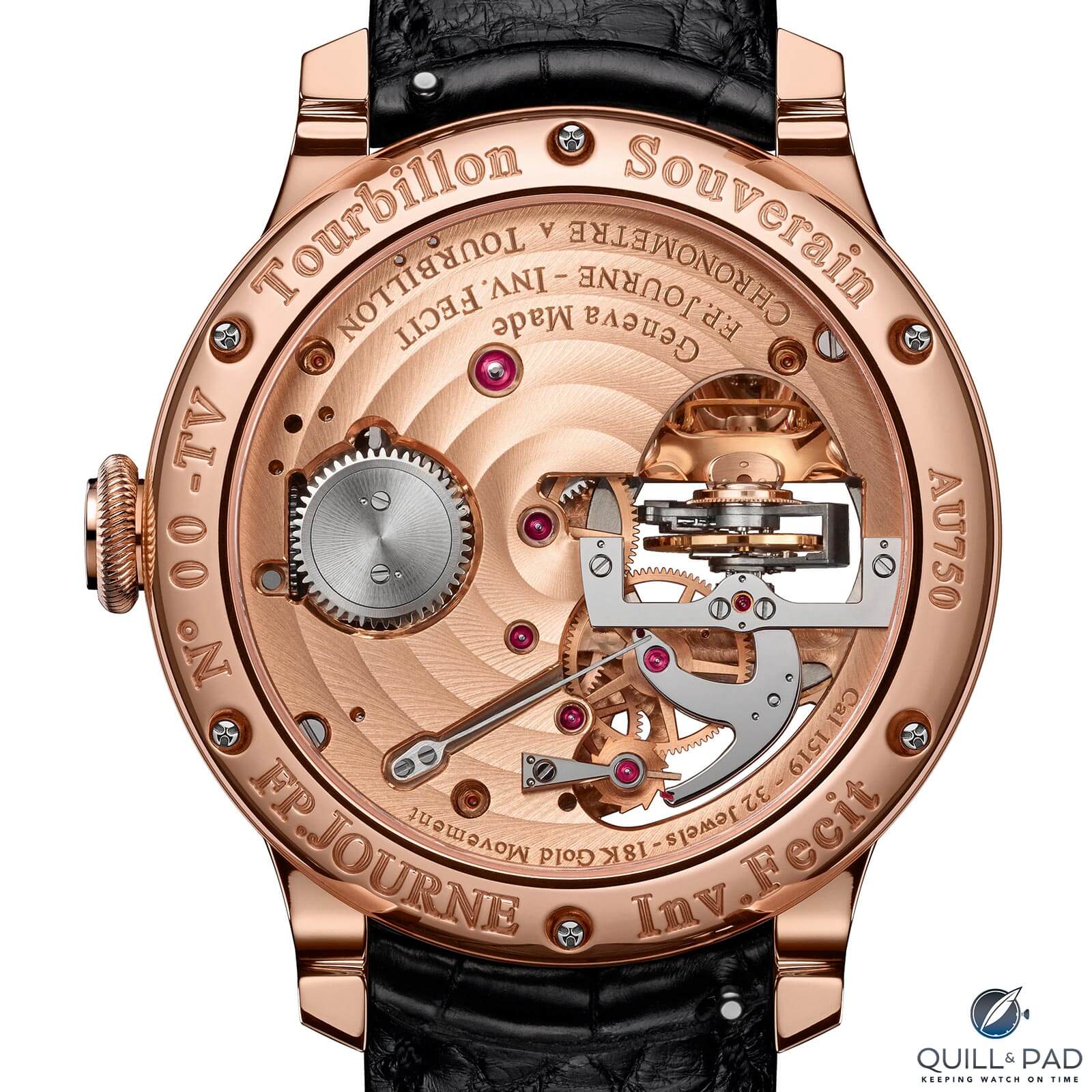 View through the display back to the gold movement F.P. Journe Tourbillon Souverain Vertical