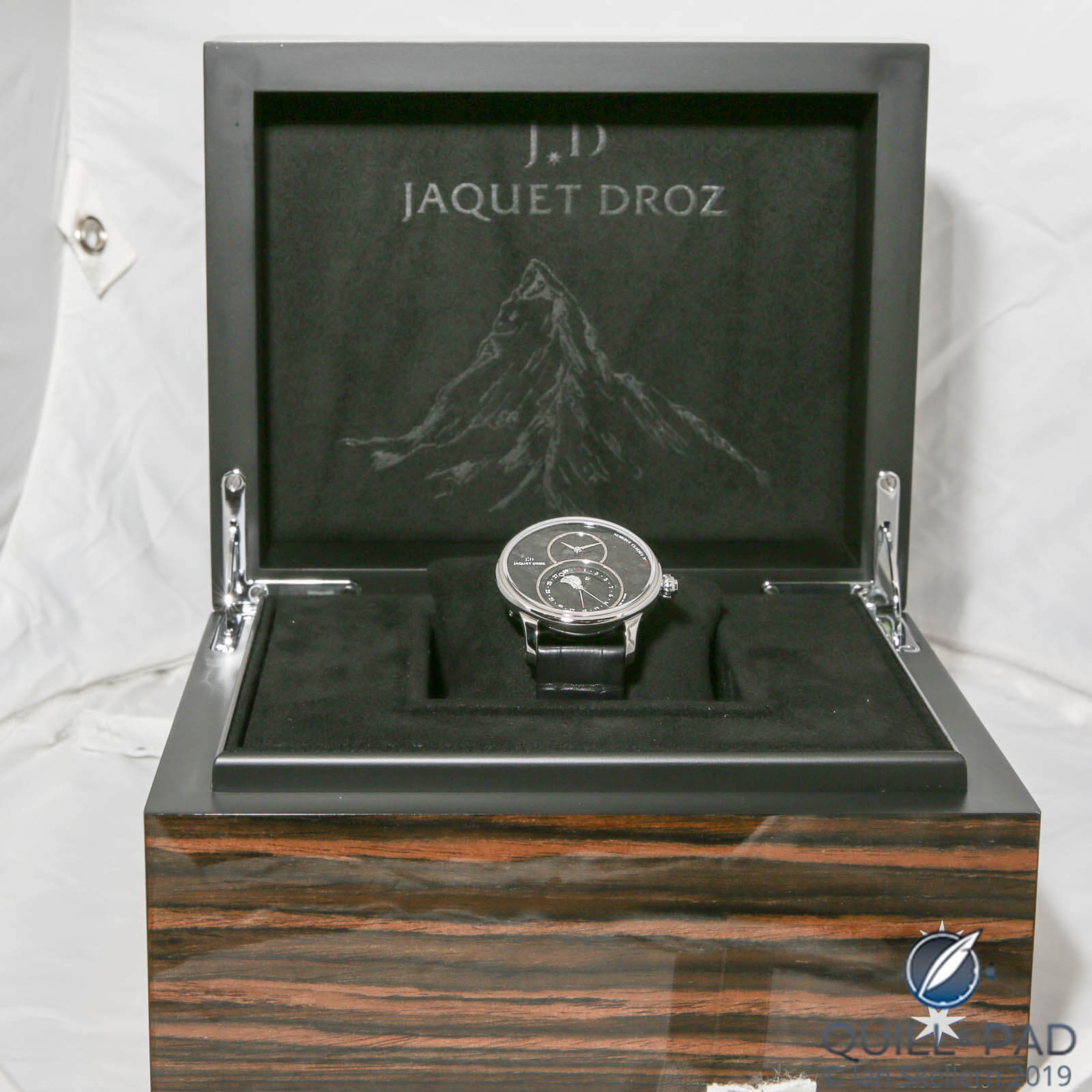 Jaquet Droz Grande Seconde Moon Serpentine in case with the Swiss Matterhorn mountain as a fitting backdrop