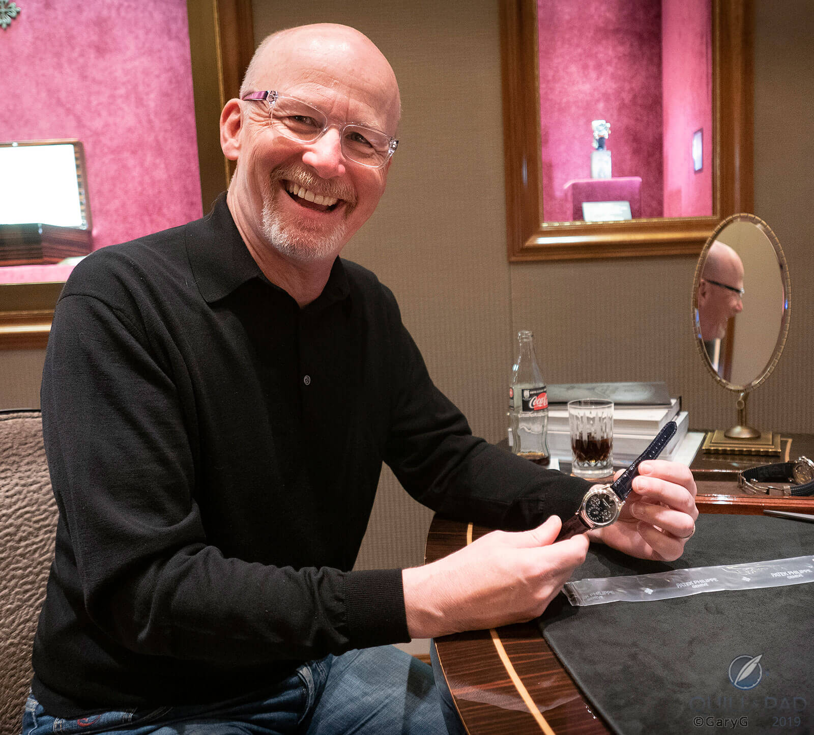 Big smiles and American champagne: pickup day at Patek Philippe’s Geneva Salon (photo courtesy TahoeBlue)