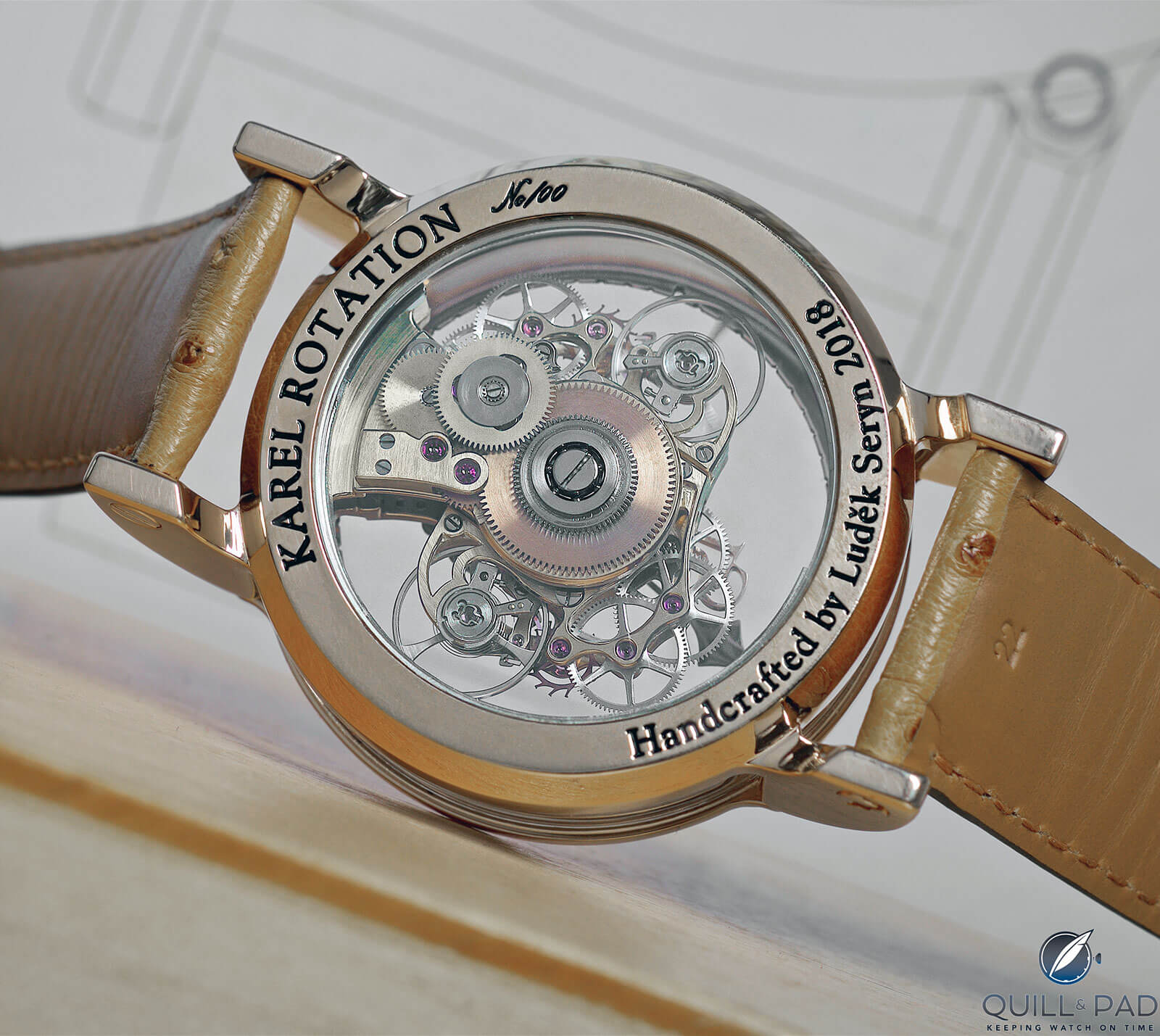 View right right through the transparent back of the Karel Rotation, and right through the transparent winding rotor and the dual movements orbiting the case
