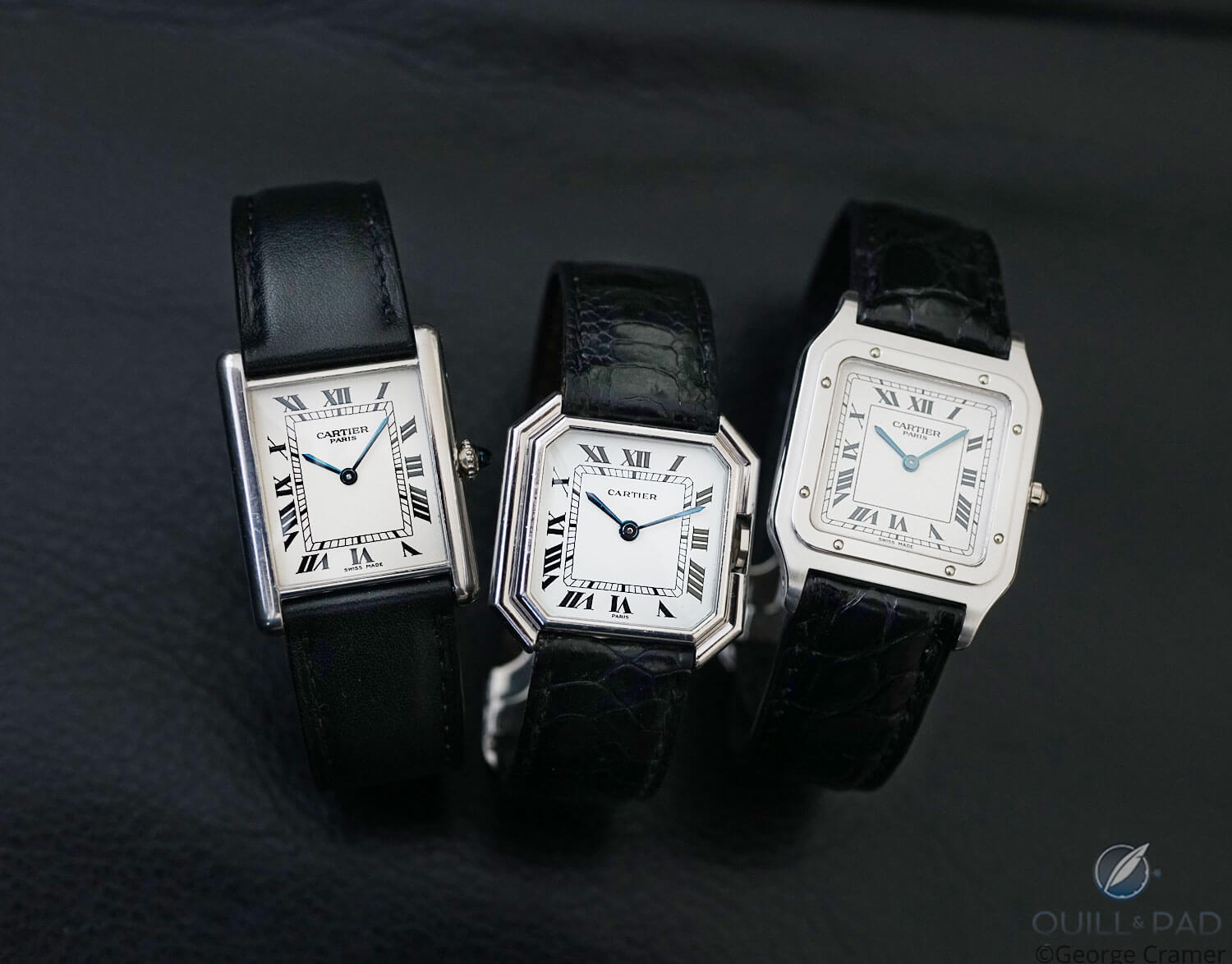L-R: Tank Louis Cartier, Cartier Ceinture, Cartier Santos Dumont