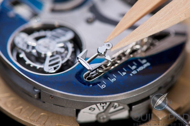 80-hour power reserve indicator being fitted to the Ulysse Nardin Marin Mega Yacht