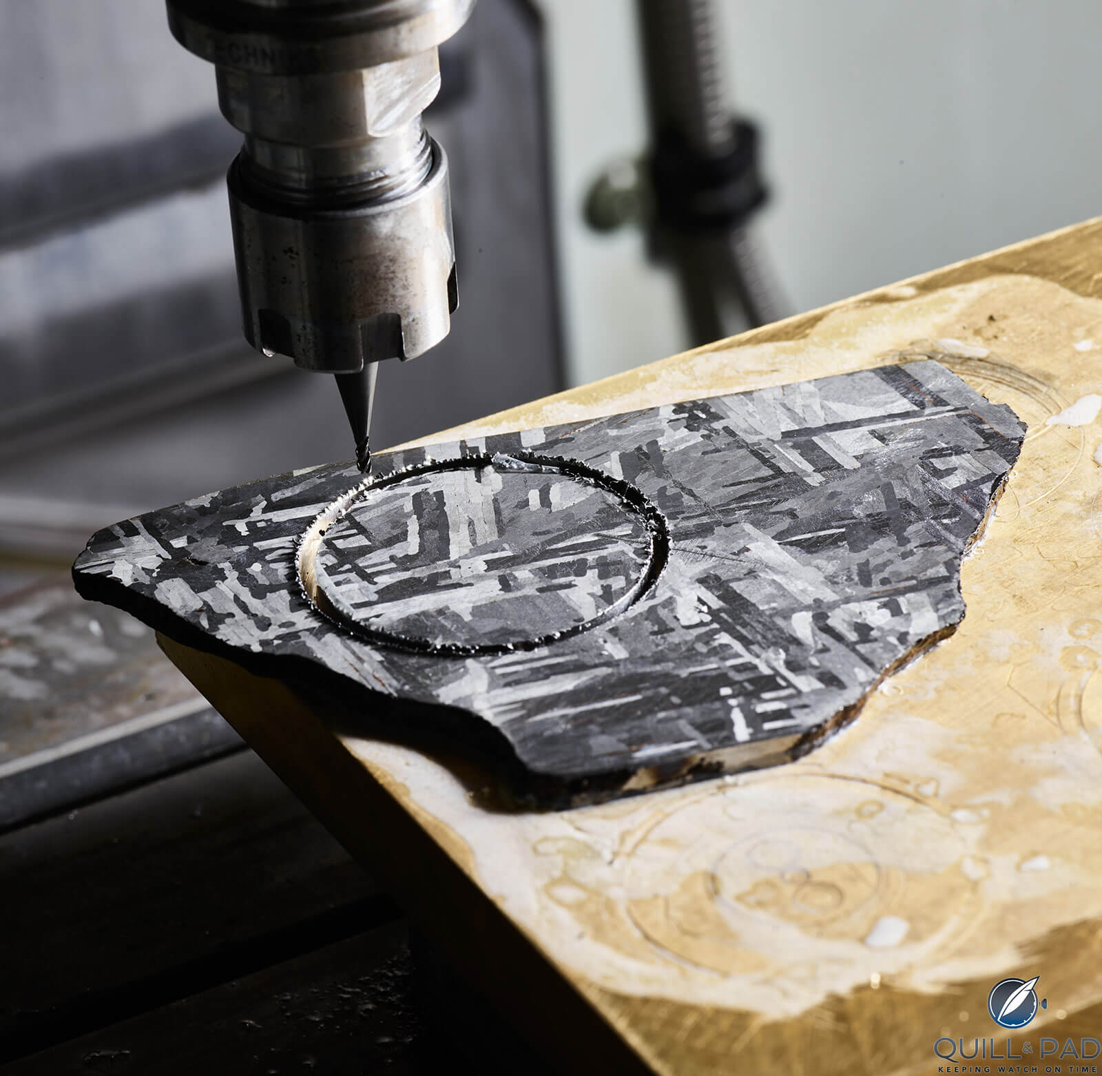 Cutting a dial blank from a piece of the Henbury metorite dial for the Romain Gauthier Prestige HMS Meteorite
