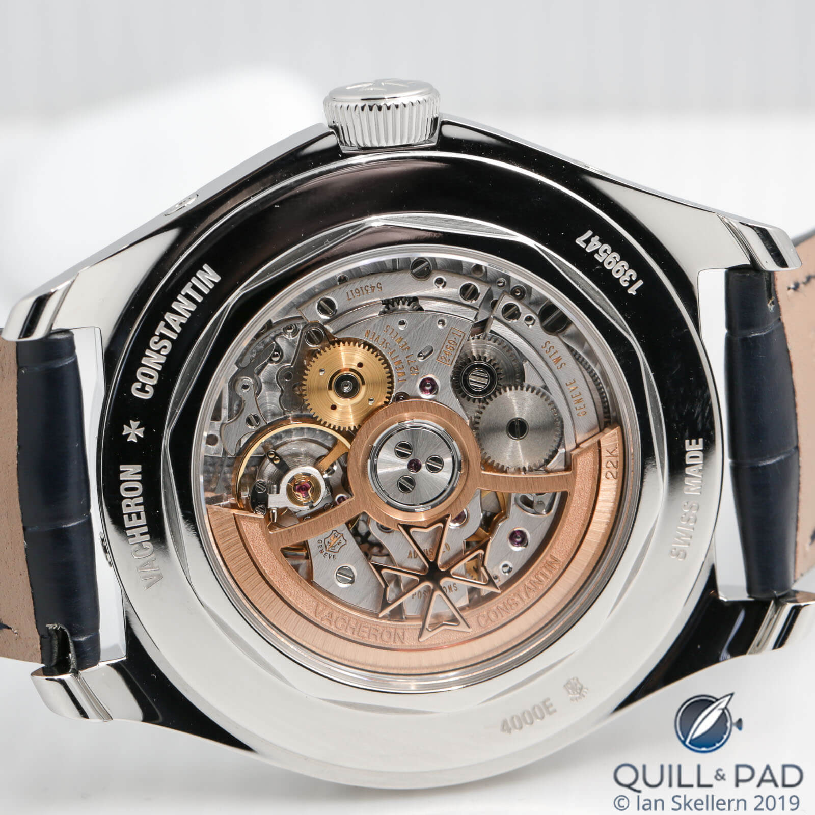 View through the display back of the Vacheron Constantin FiftySix Blue Complete Calendar to the automatic winding Caliber 2460 QCL/1 with Geneva Seal