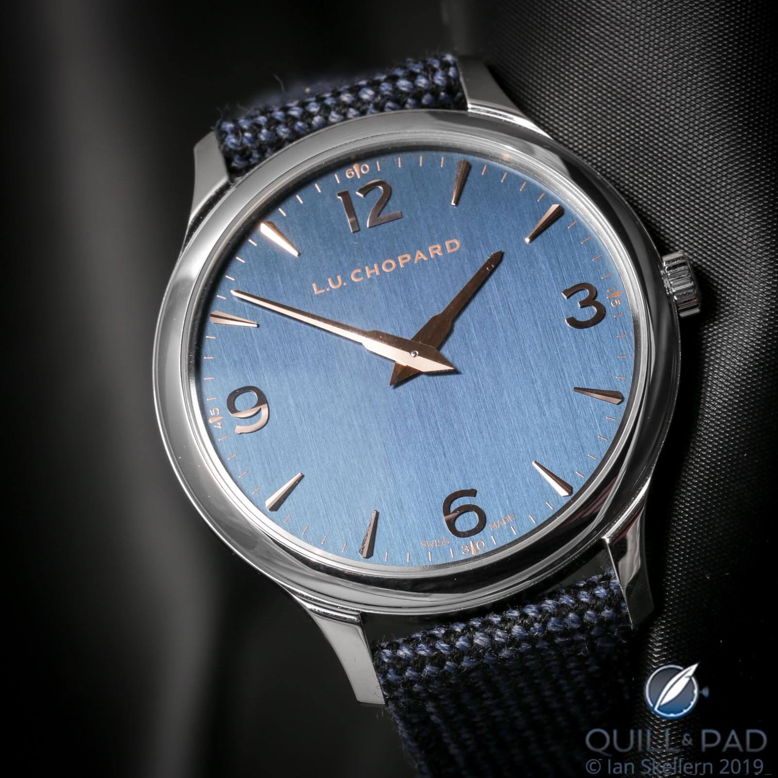 Chopard L.U.C. XP with stainless steel case brushed blue dial and wool strap