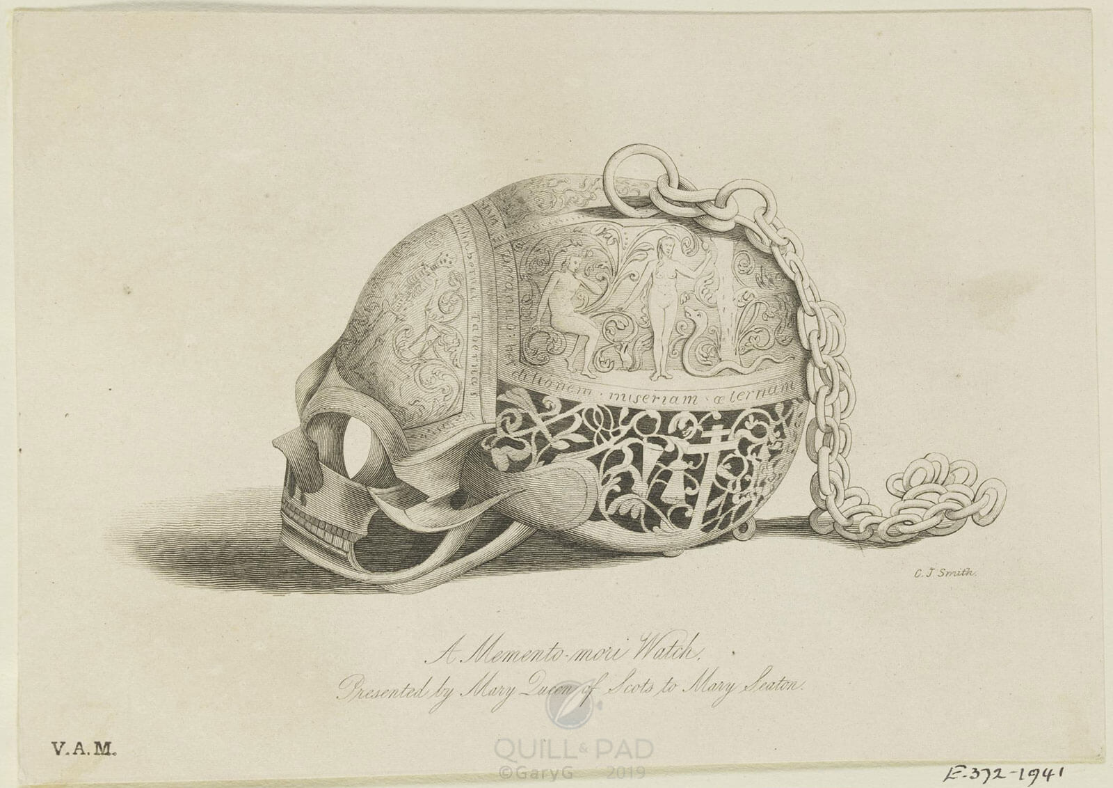 Drawing of a memento mori watch associated with Mary, Queen of Scots (image used by permission of the Victoria and Albert Museum)