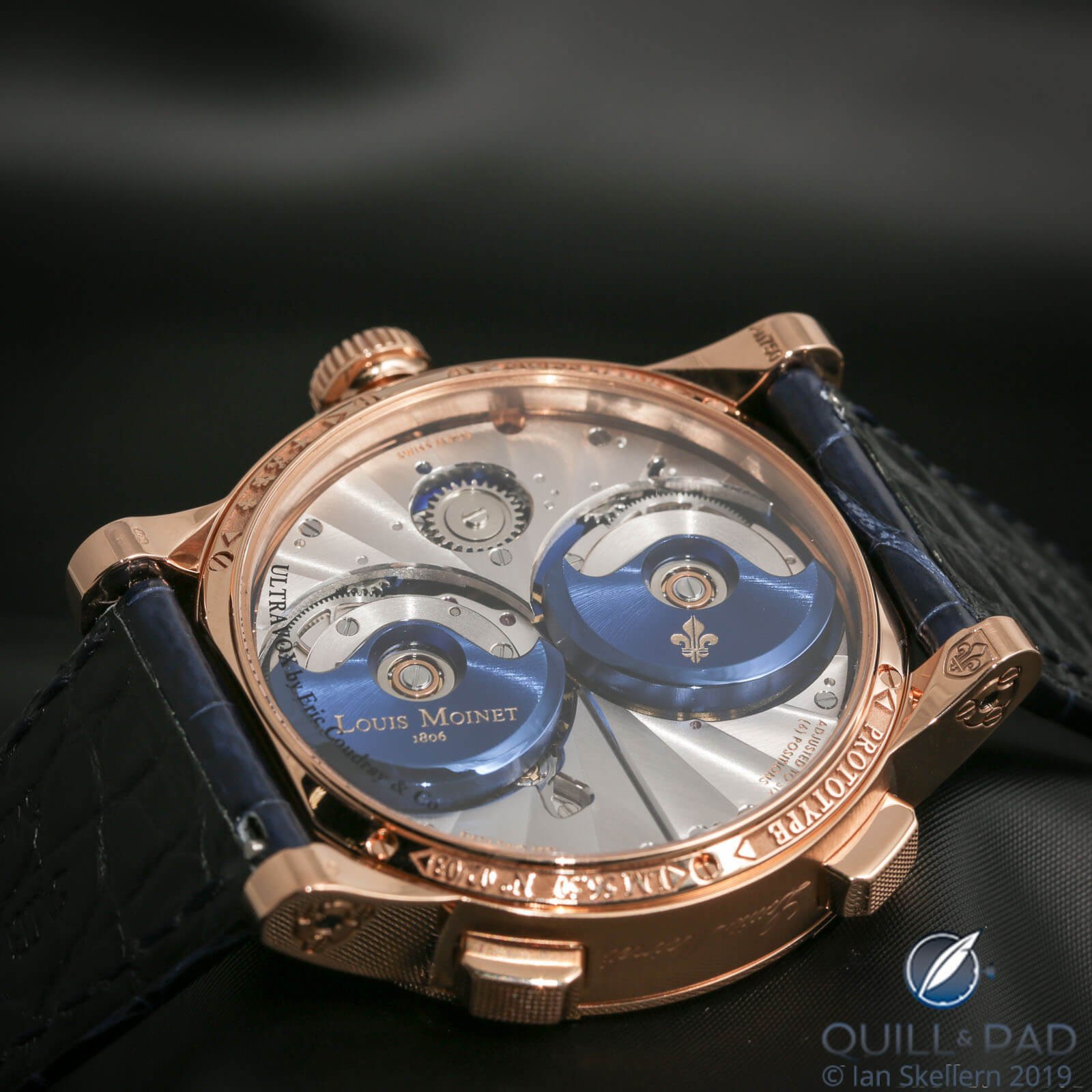 View through the display back to the two micro-rotors powering the Louis Moinet Ultravox