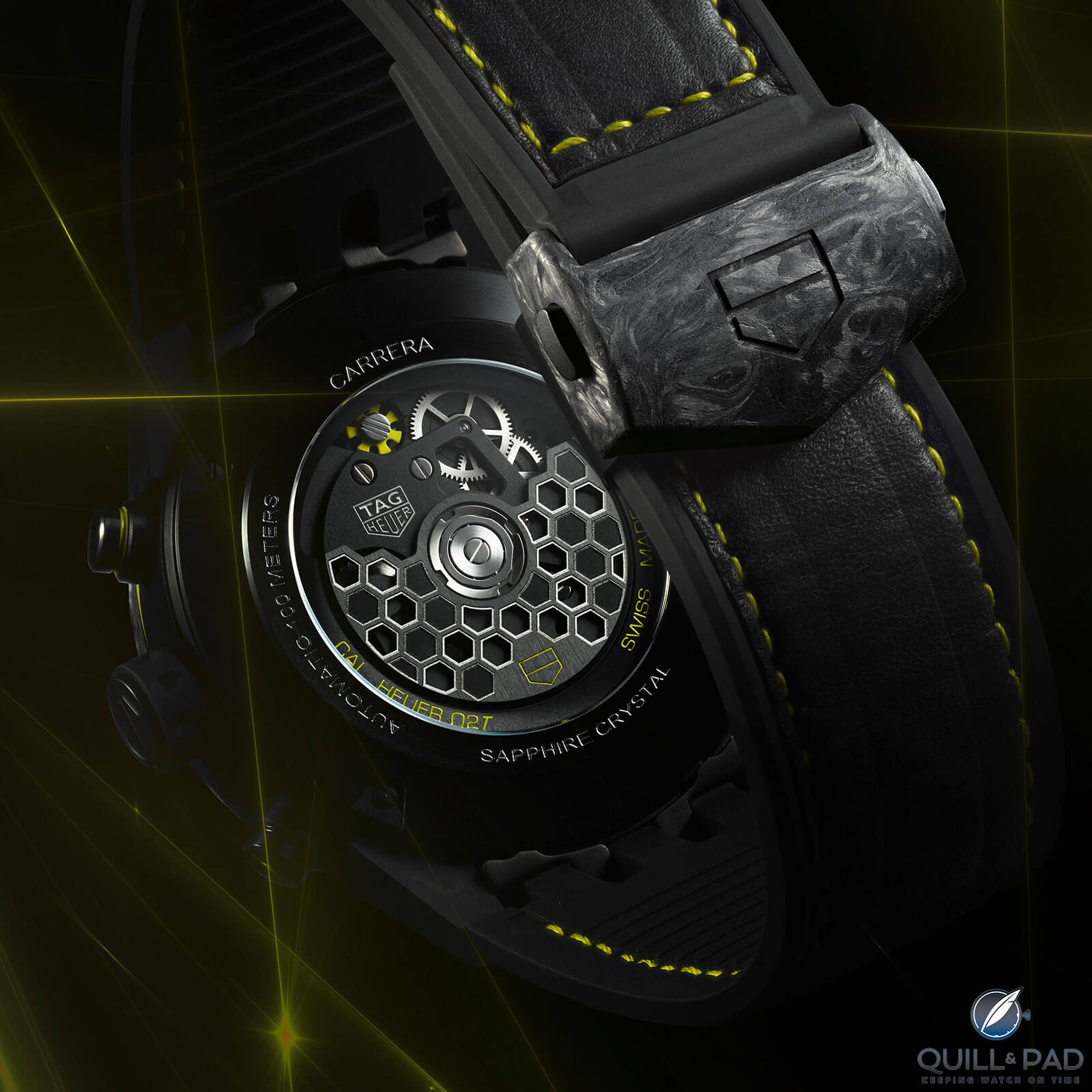 View through the display back to the hexagon-filled rotor of the TAG Heuer Carrera Calibre Heuer 02T Tourbillon Nanograph