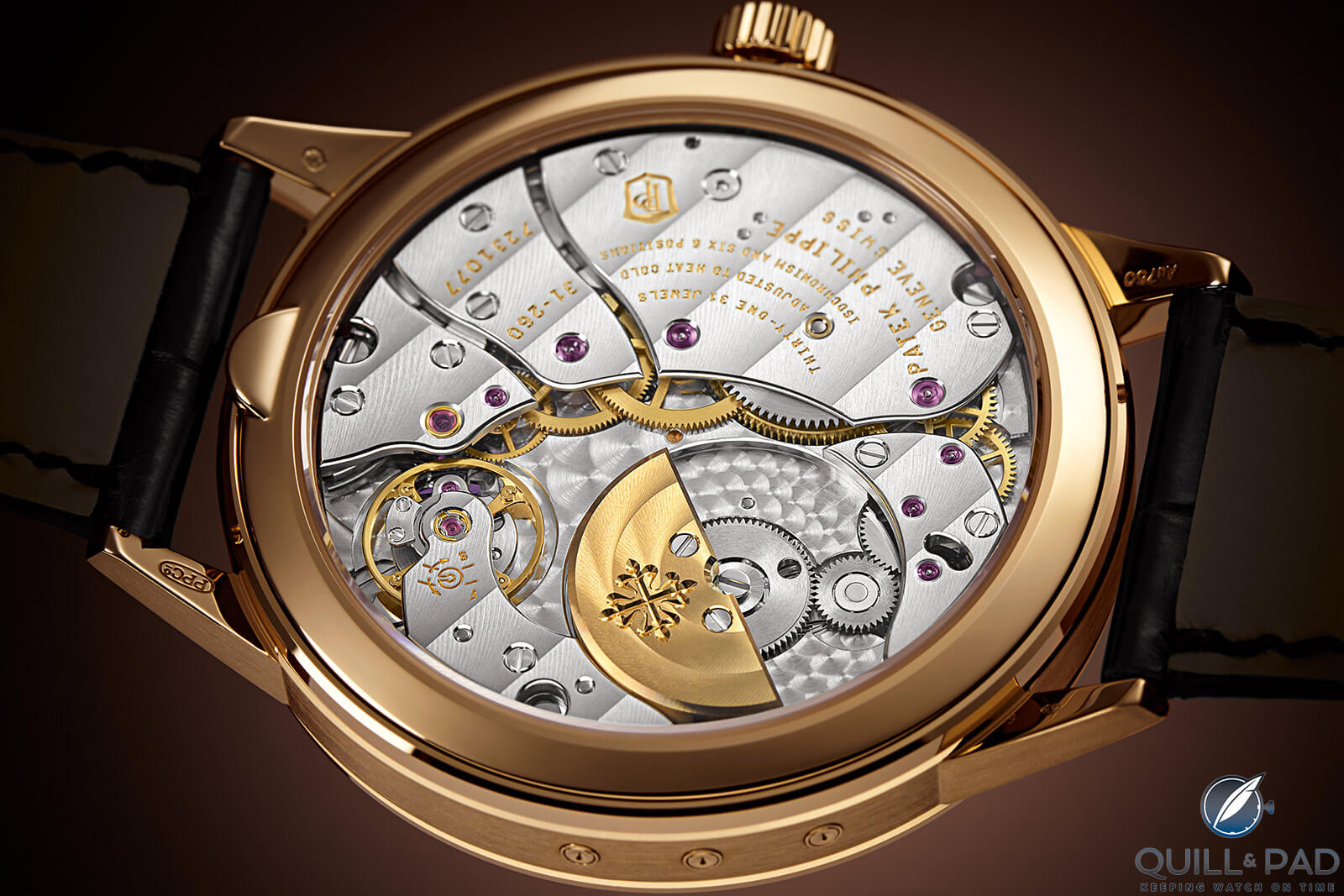 View through the display back to the Caliber 31-260 REG QA powering the Patek Philippe Reference 5235/50R-001 Annual Calendar