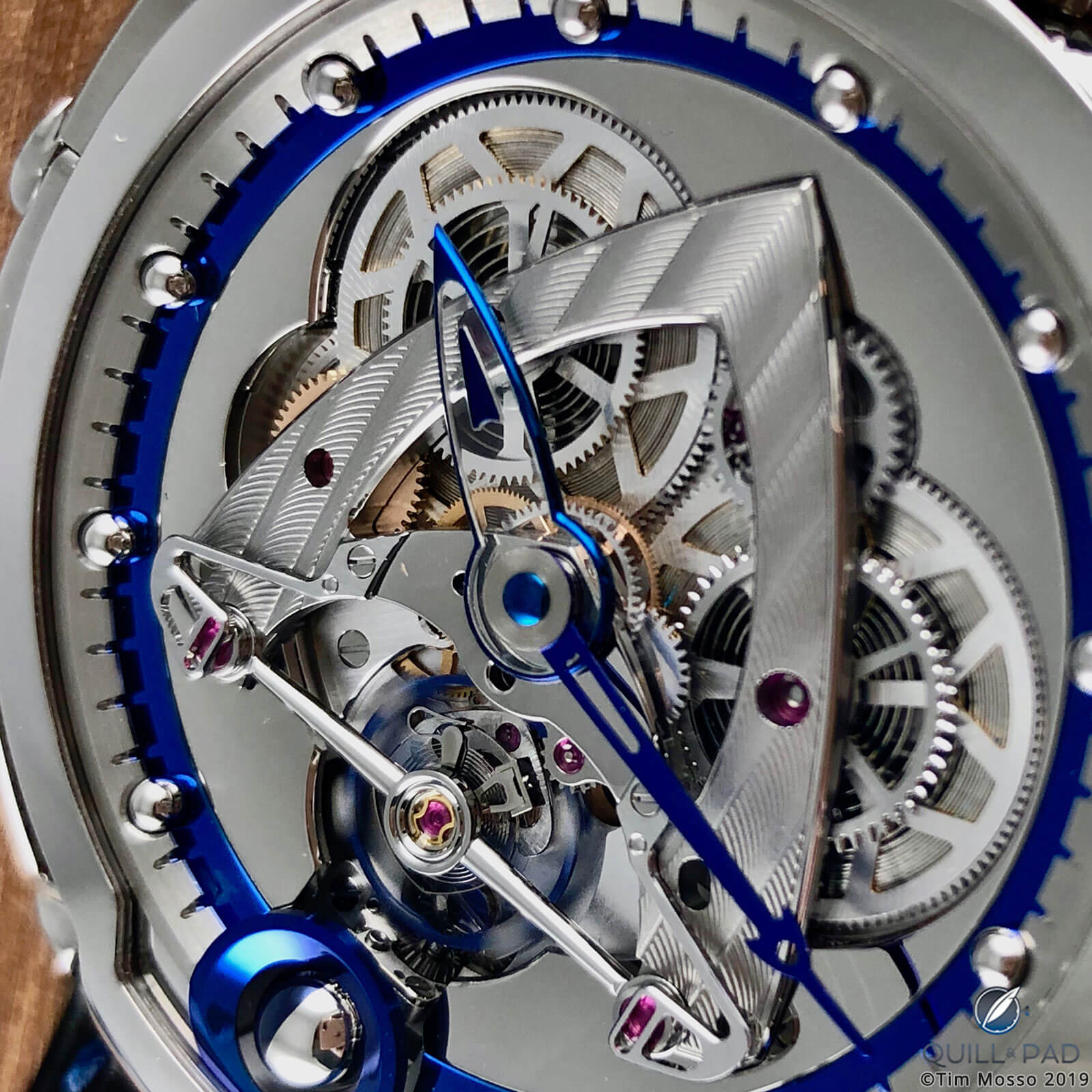 A close look at the sapphire crystal hands of the De Bethune DB28 Steel Wheels