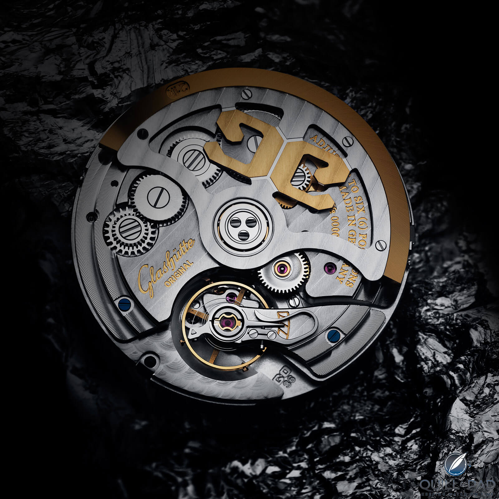 Glashütte Original Caliber 36 with elegent swan neck regulator at the bottom of the movement